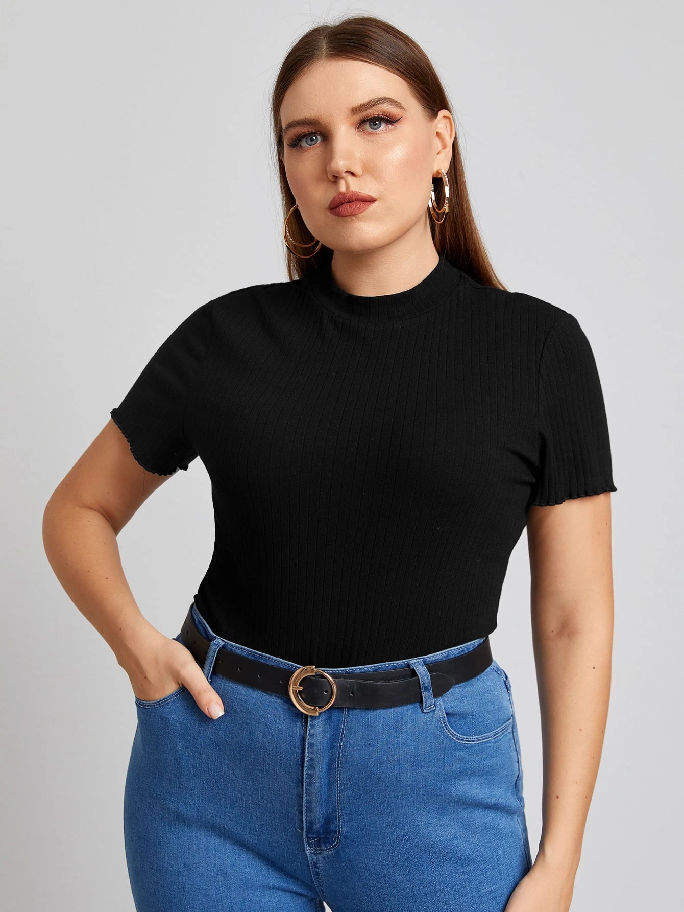 Plus Size Elegant Mock Neck Rib-Knit Tee