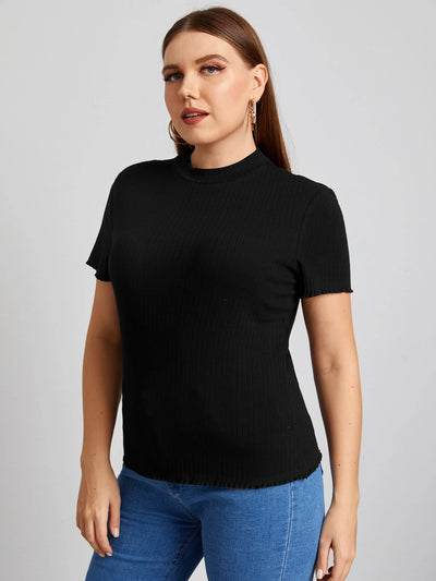 Plus Size Elegant Mock Neck Rib-Knit Tee