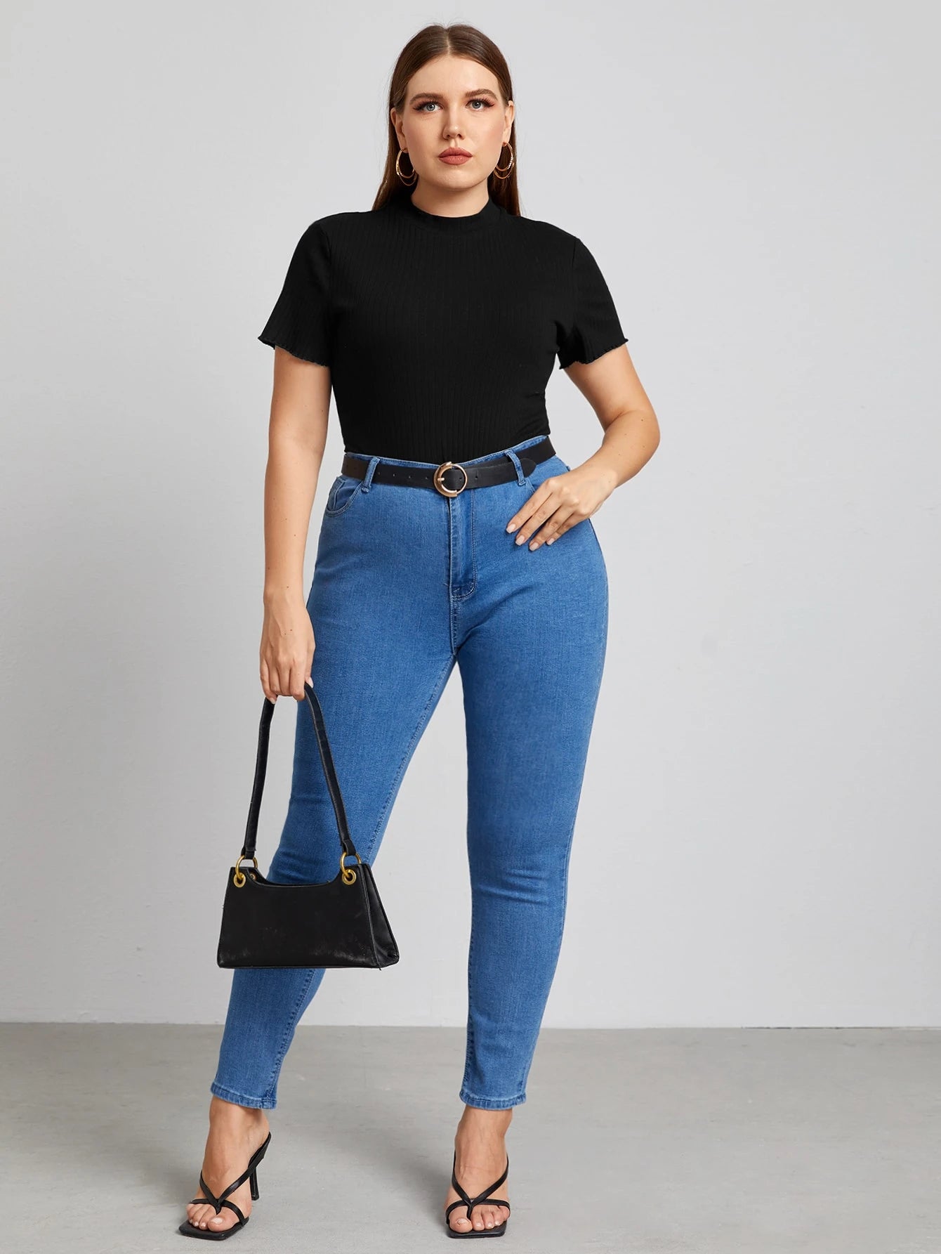 Plus Size Elegant Mock Neck Rib-Knit Tee