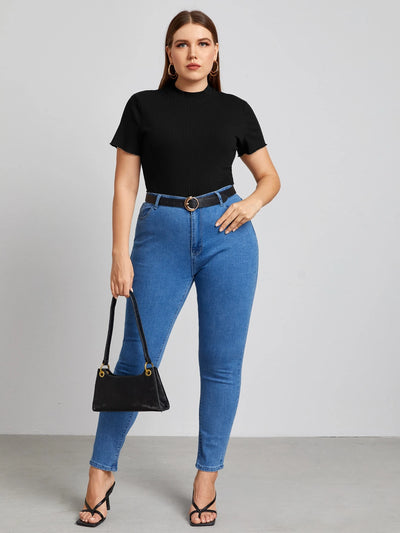 Plus Size Elegant Mock Neck Rib-Knit Tee