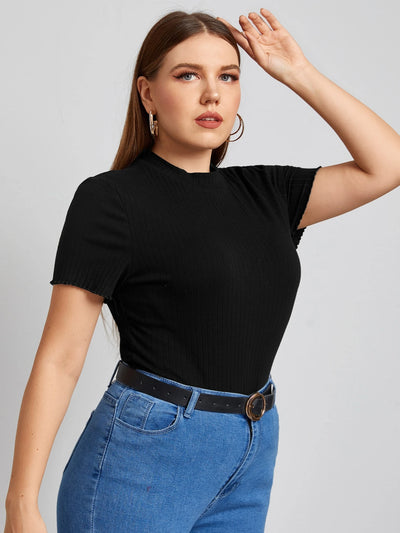 Plus Size Elegant Mock Neck Rib-Knit Tee