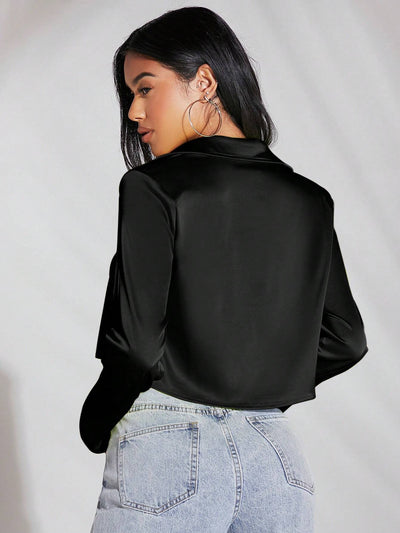 Elegant Satin Crop Shirt with Button Front