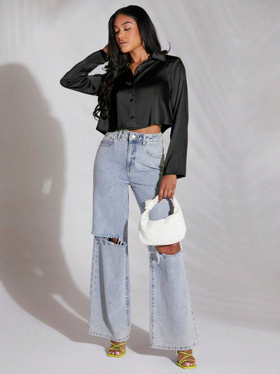 Elegant Satin Crop Shirt with Button Front