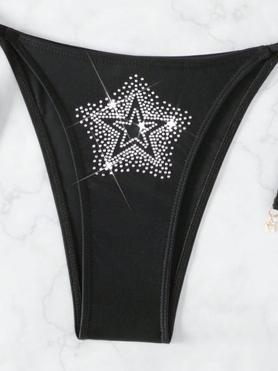 Rhinestone Halter-Neck Bikini Set with Breezy Cover-Up