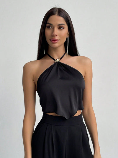 Metallic Detail Halter Neck Asymmetrical Top