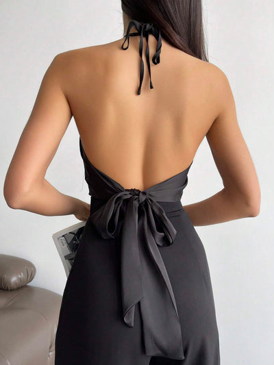 Metallic Detail Halter Neck Asymmetrical Top
