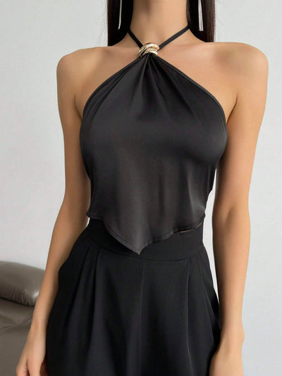 Metallic Detail Halter Neck Asymmetrical Top
