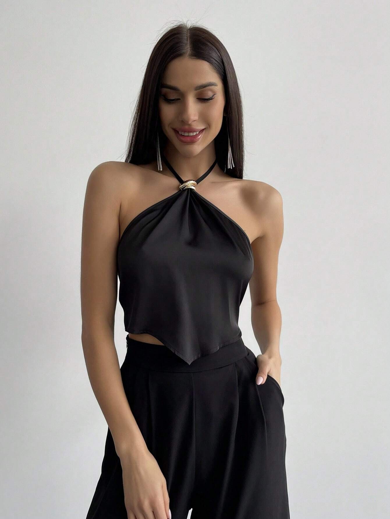 Metallic Detail Halter Neck Asymmetrical Top