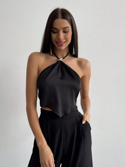 Metallic Detail Halter Neck Asymmetrical Top