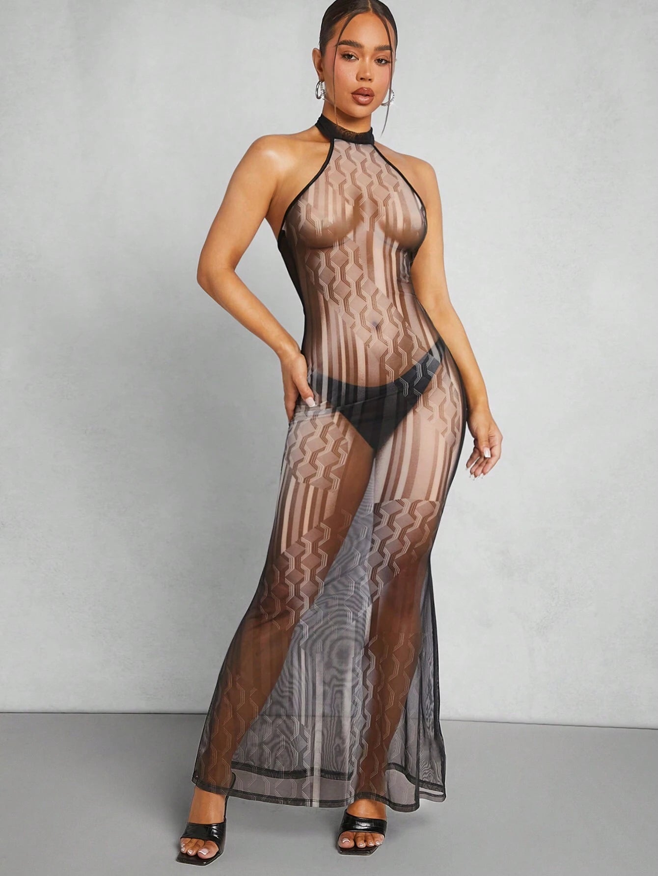 Geo Print Sheer Mesh Maxi Halter Dress