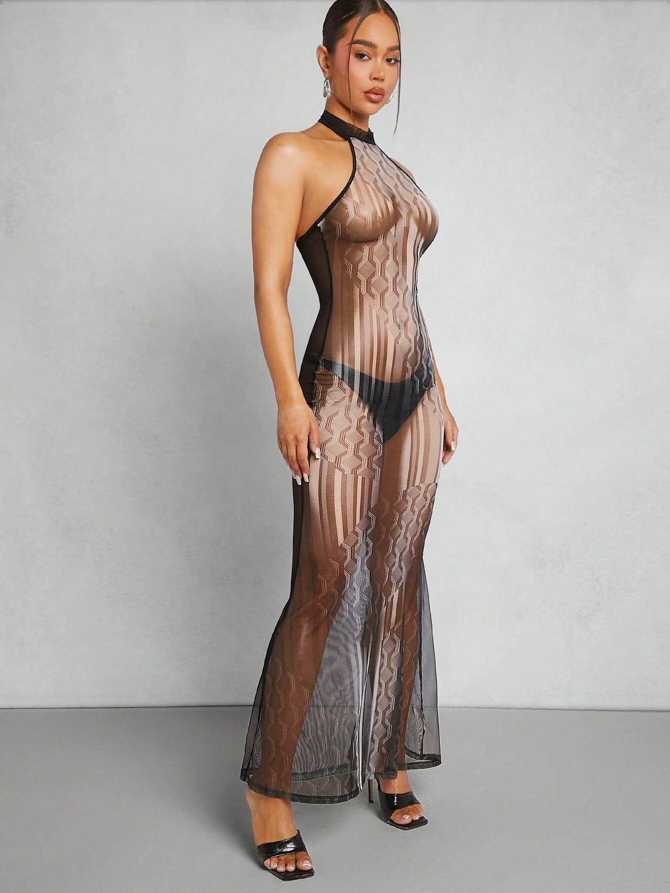Geo Print Sheer Mesh Maxi Halter Dress