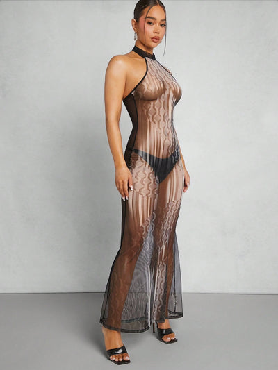Geo Print Sheer Mesh Maxi Halter Dress