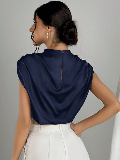 Navy Blue Mock Neck Ruched Blouse for Every Occasion