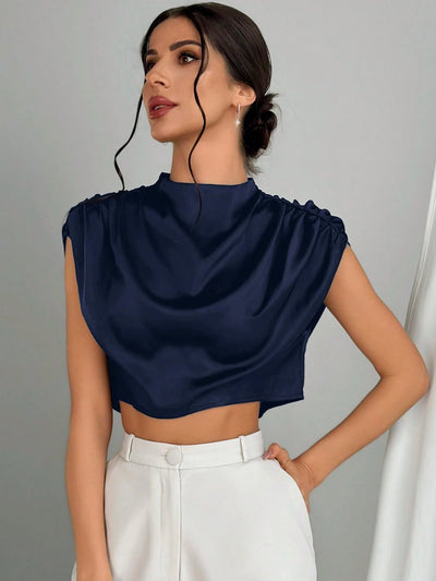 Navy Blue Mock Neck Ruched Blouse for Every Occasion
