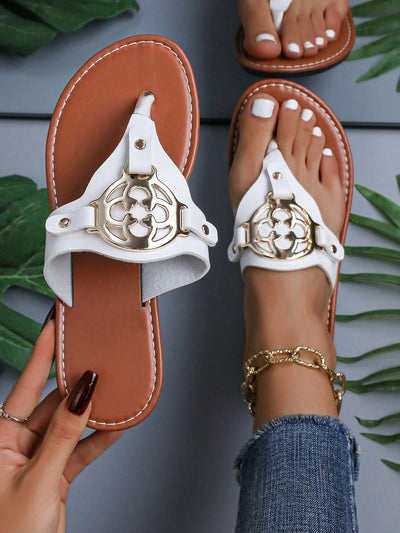 Khaki Embroidered Flower Flat Sandals for Effortless Style
