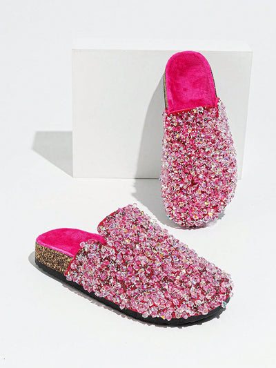 Glamorous Fuchsia Rhinestone Slip-On Slippers
