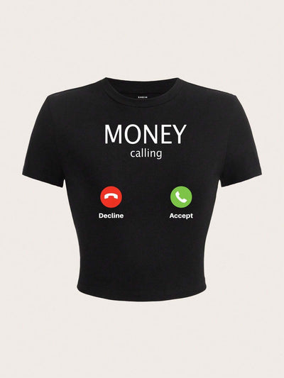 Money Print Minimalist Round Neck Tee for Women