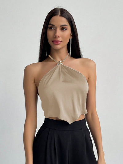 Metallic Detail Halter Neck Asymmetrical Top