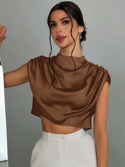 Navy Blue Mock Neck Ruched Blouse for Every Occasion