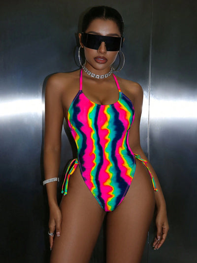 Vibrant Neon Tie-Dye Backless One-Piece Swimsuit