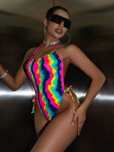 Vibrant Neon Tie-Dye Backless One-Piece Swimsuit