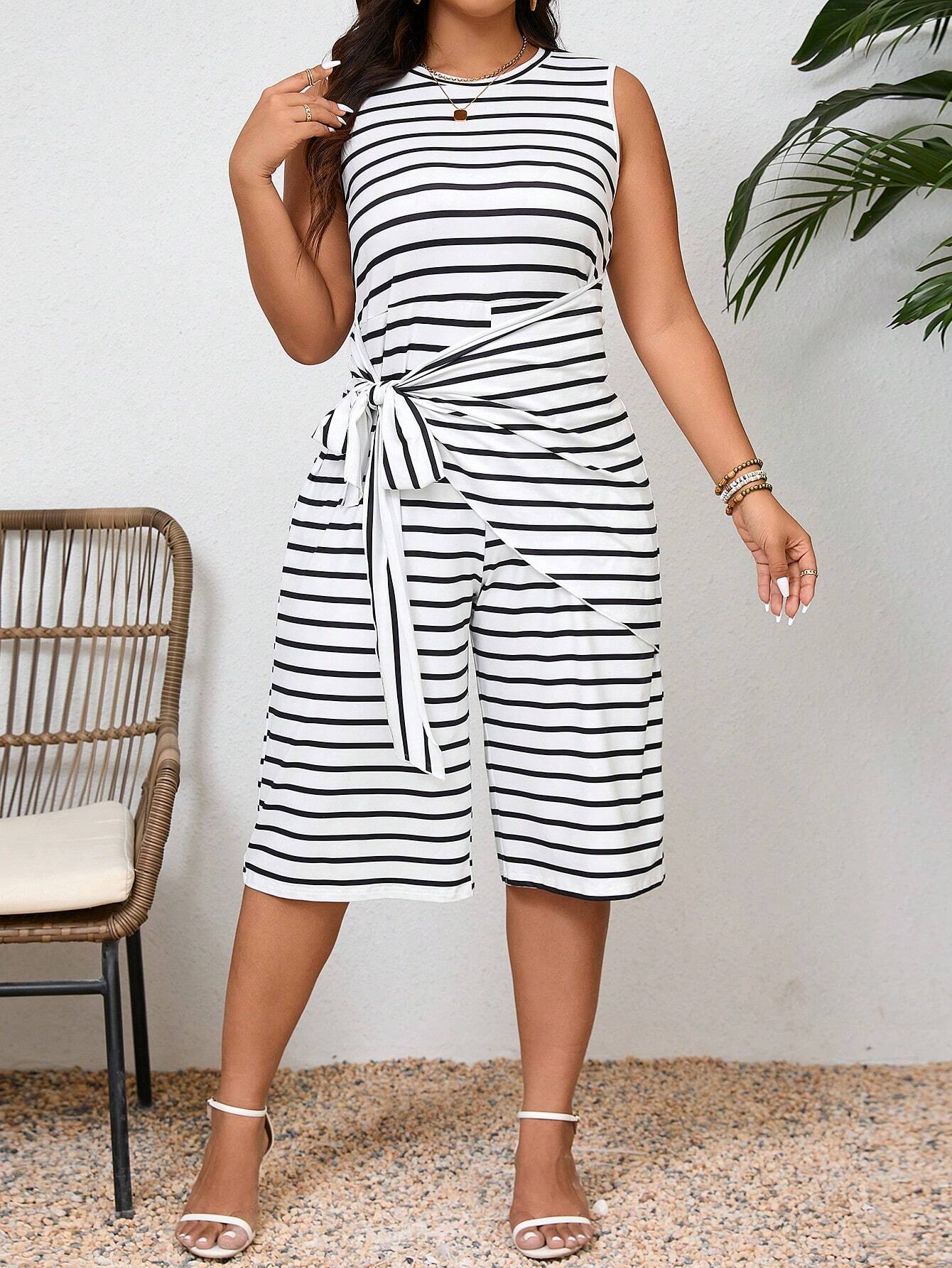 Elegant Plus Size Striped Sleeveless Jumpsuit