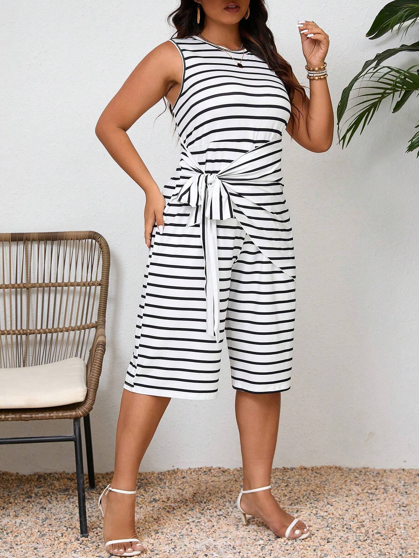 Elegant Plus Size Striped Sleeveless Jumpsuit