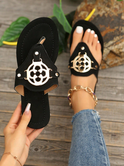Khaki Embroidered Flower Flat Sandals for Effortless Style