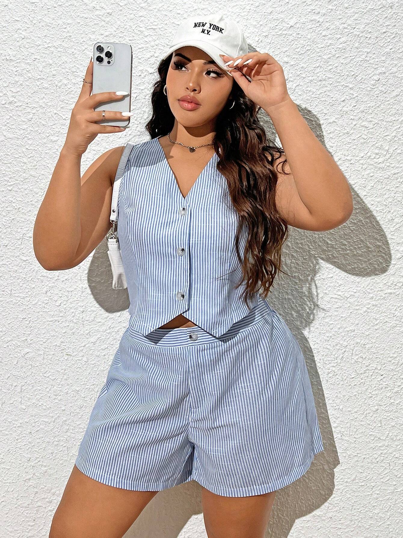 Plus Size Striped Summer Vest & Shorts Set
