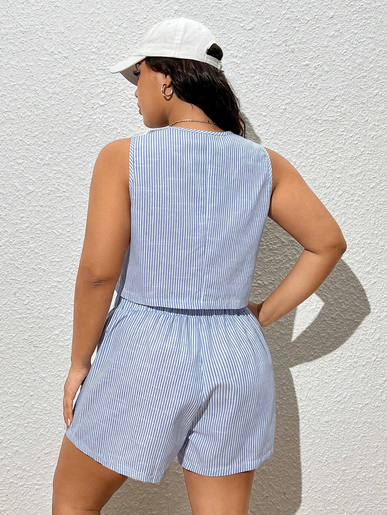 Plus Size Striped Summer Vest & Shorts Set
