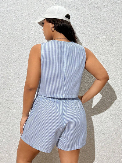 Plus Size Striped Summer Vest & Shorts Set