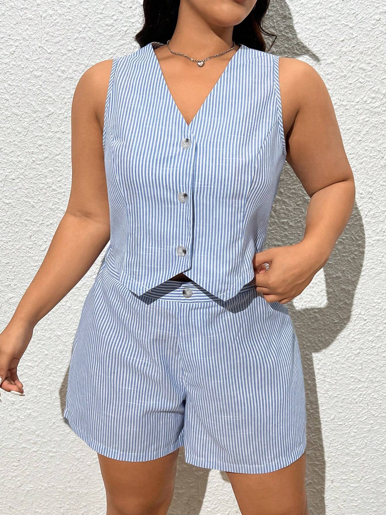 Plus Size Striped Summer Vest & Shorts Set
