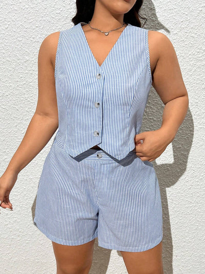 Plus Size Striped Summer Vest & Shorts Set