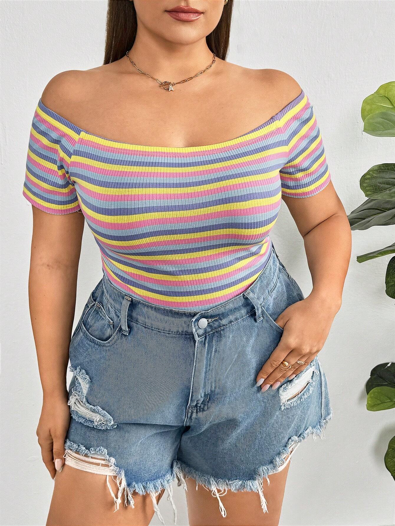 Vibrant Plus-Size Rainbow Striped Off-The-Shoulder Tee