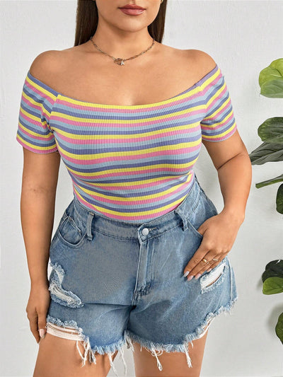 Vibrant Plus-Size Rainbow Striped Off-The-Shoulder Tee