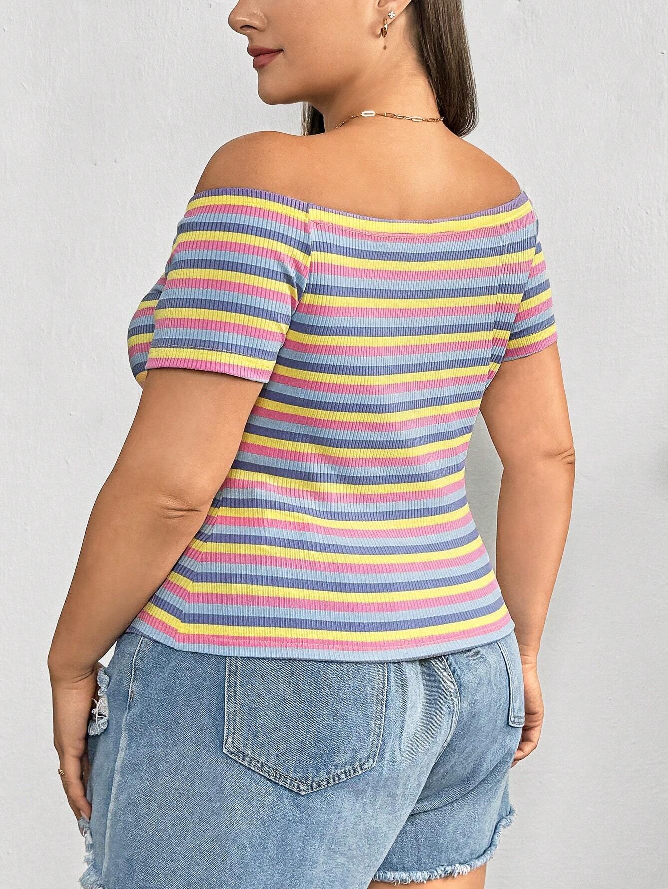 Vibrant Plus-Size Rainbow Striped Off-The-Shoulder Tee