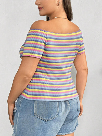 Vibrant Plus-Size Rainbow Striped Off-The-Shoulder Tee
