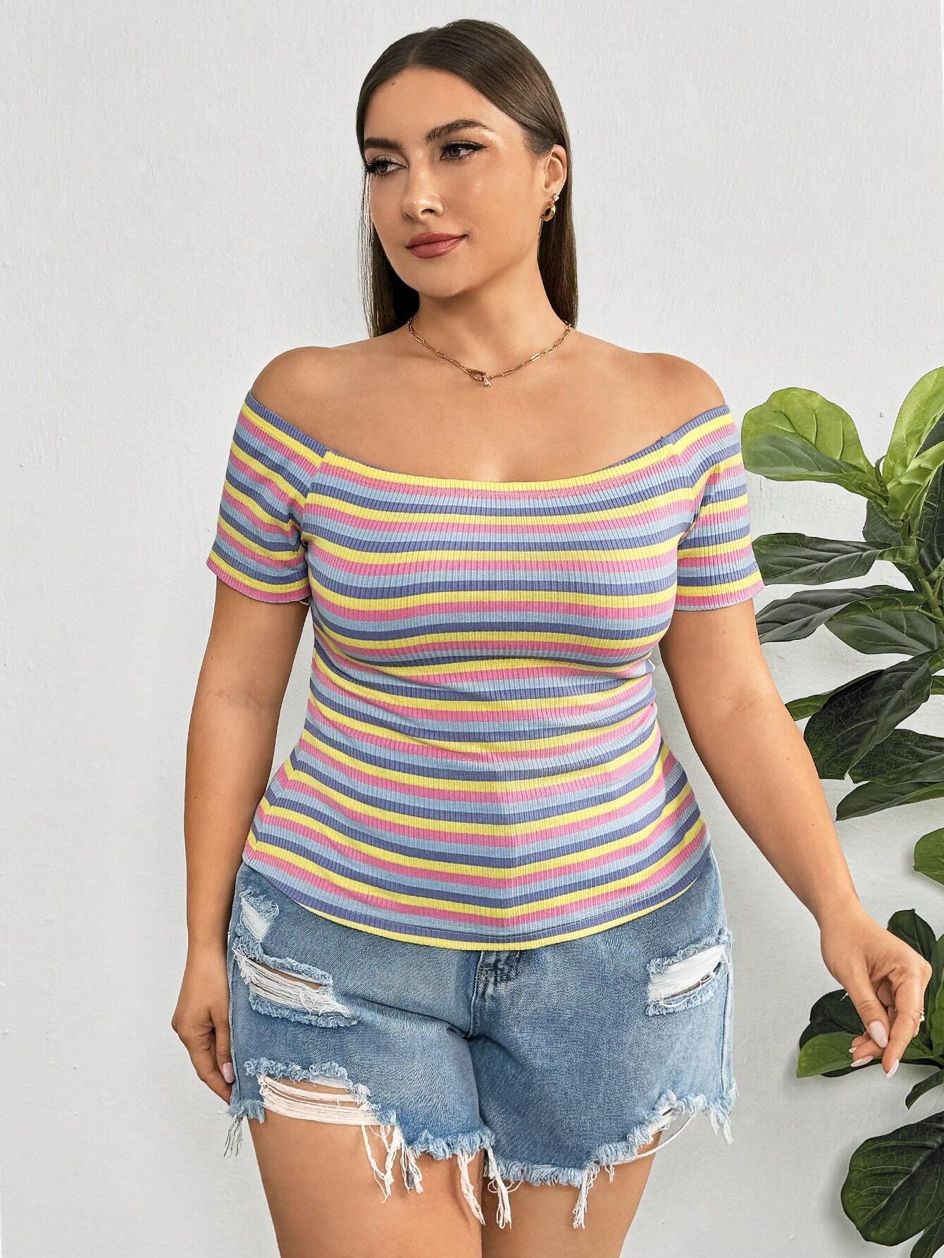 Vibrant Plus-Size Rainbow Striped Off-The-Shoulder Tee