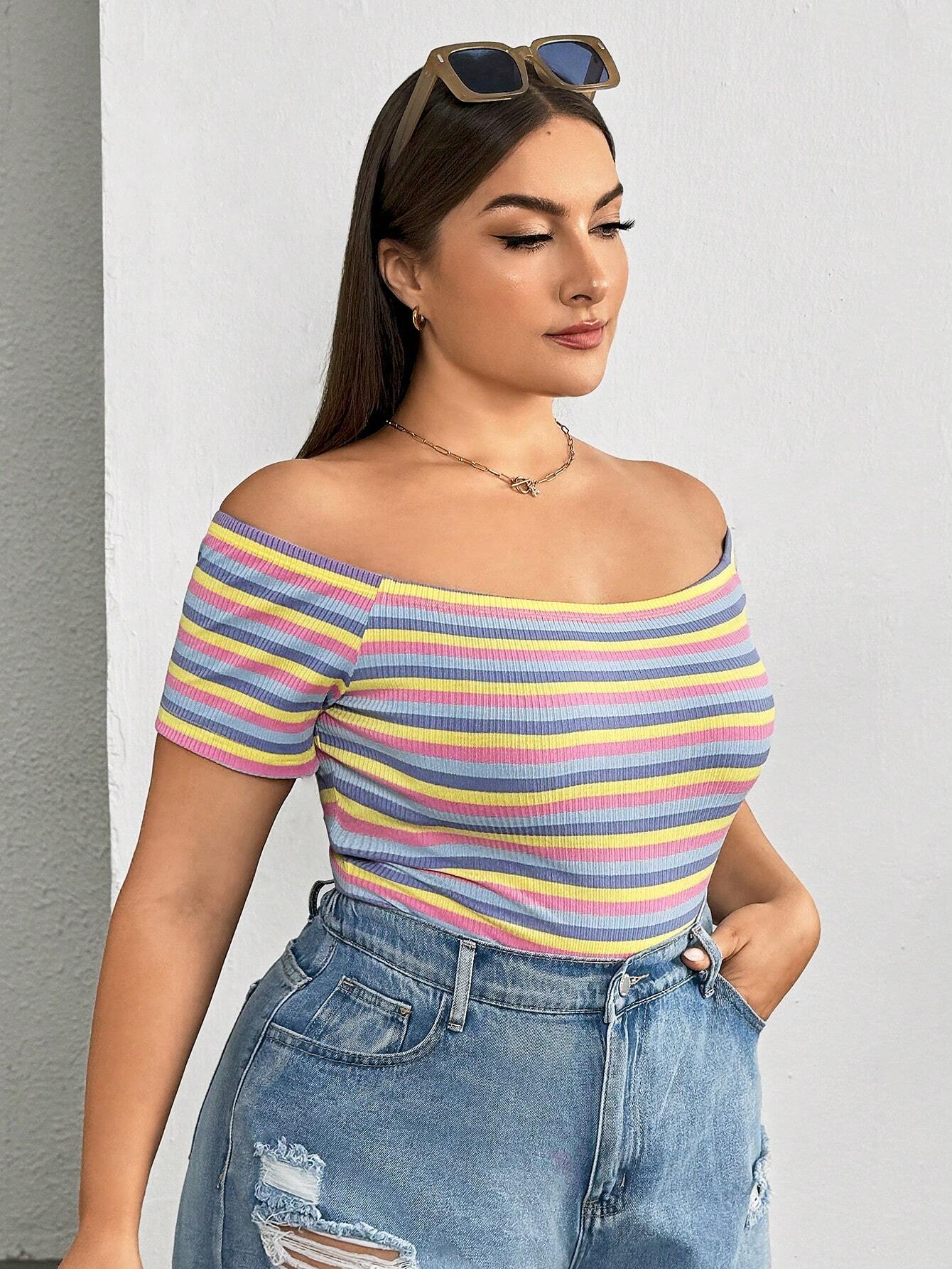 Vibrant Plus-Size Rainbow Striped Off-The-Shoulder Tee