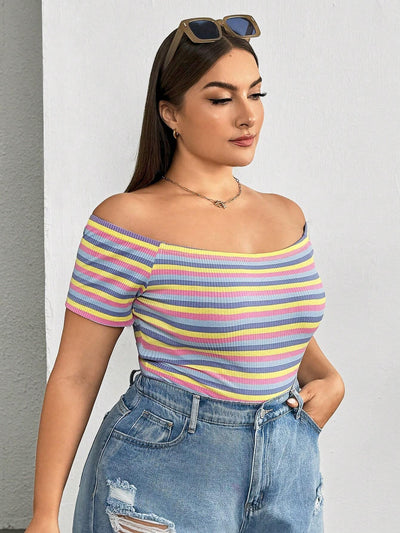 Vibrant Plus-Size Rainbow Striped Off-The-Shoulder Tee