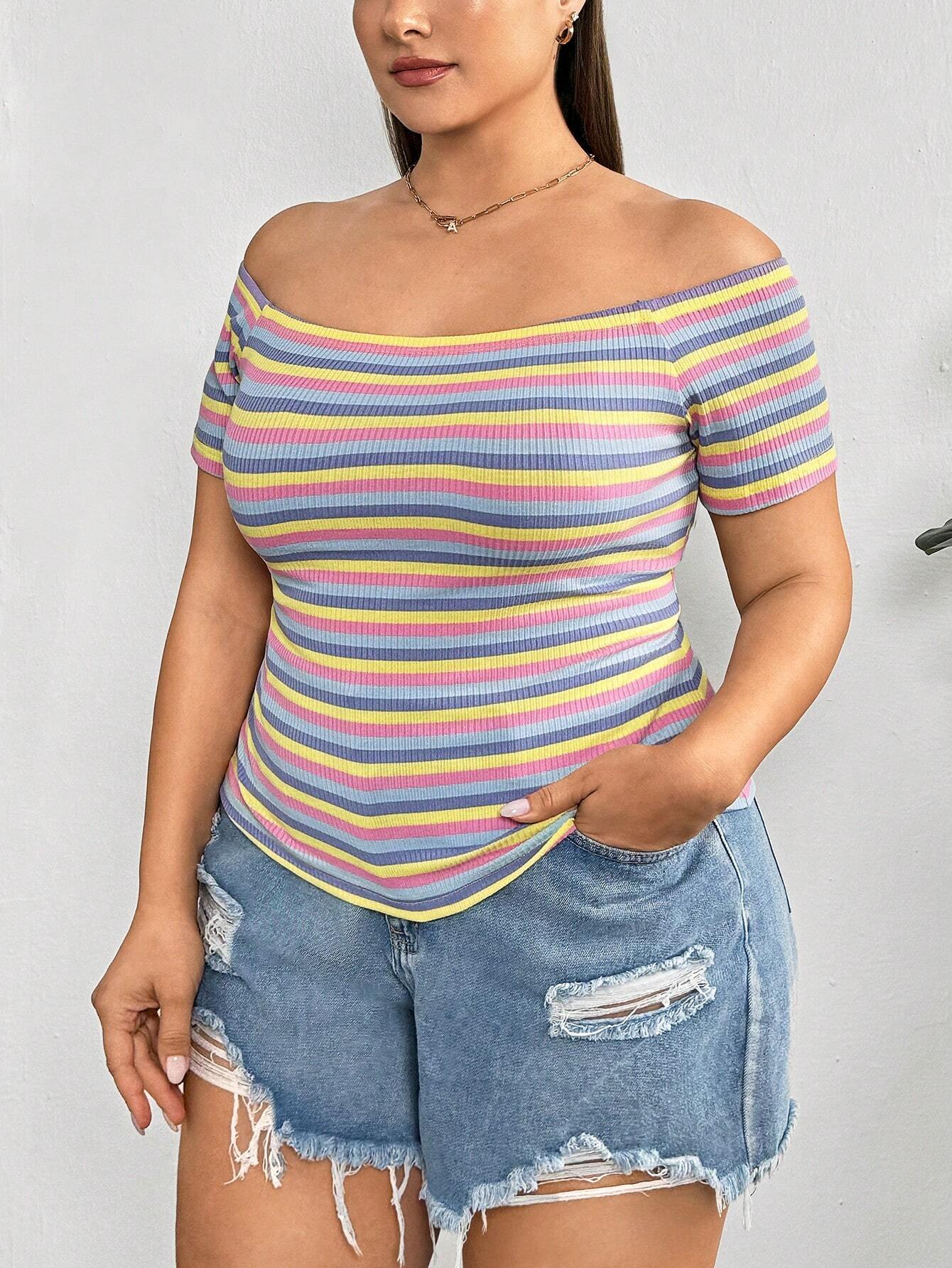 Vibrant Plus-Size Rainbow Striped Off-The-Shoulder Tee