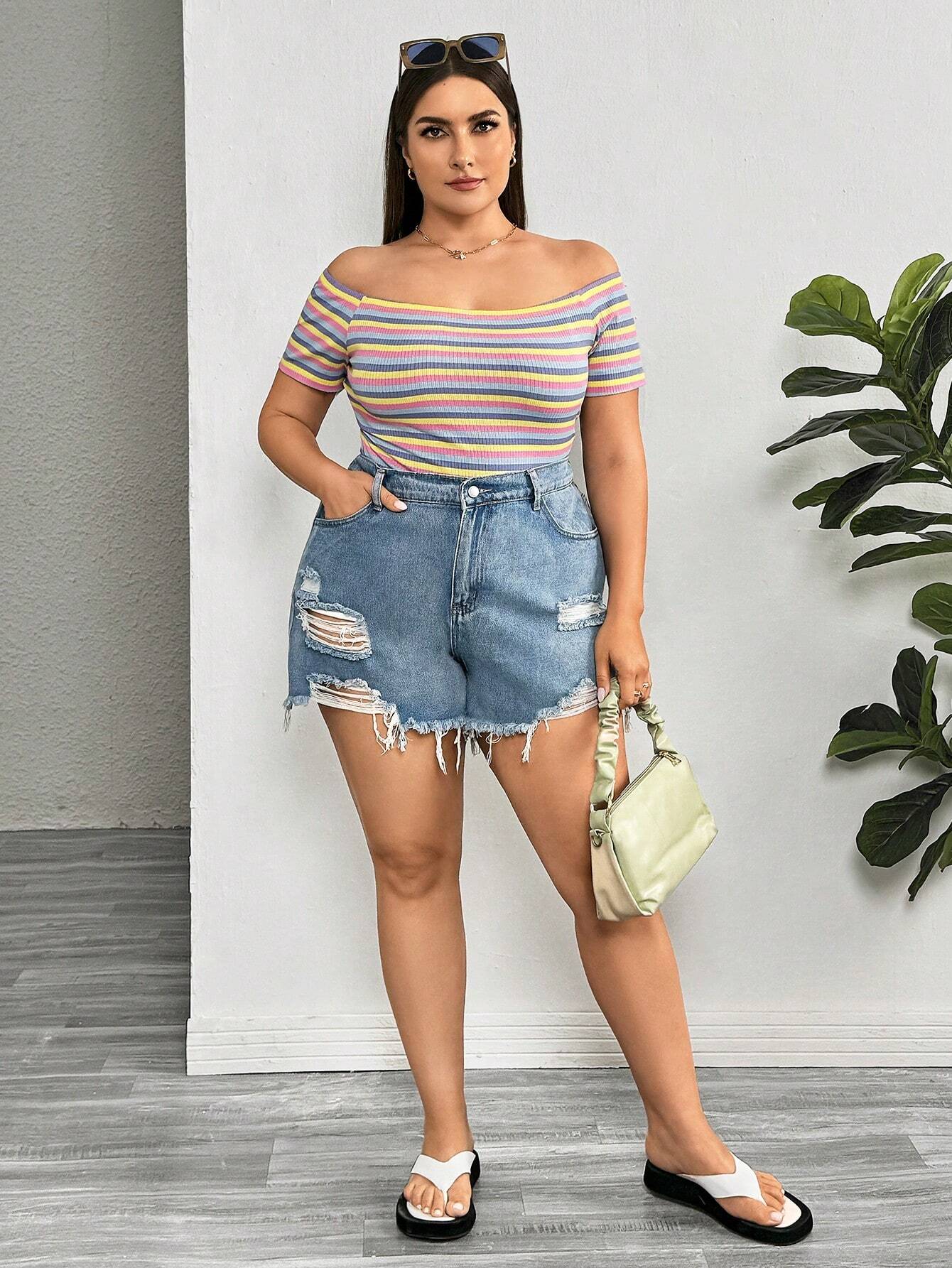 Vibrant Plus-Size Rainbow Striped Off-The-Shoulder Tee