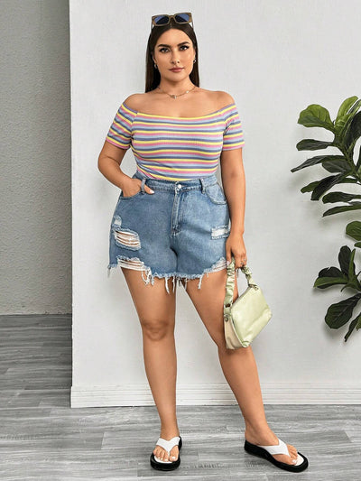 Vibrant Plus-Size Rainbow Striped Off-The-Shoulder Tee