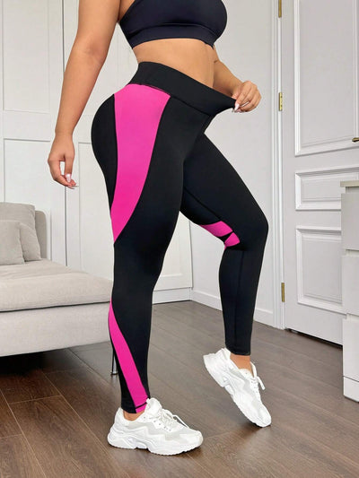 Plus Size Heart Design Color-Blocked Sporty Leggings