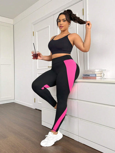 Plus Size Heart Design Color-Blocked Sporty Leggings