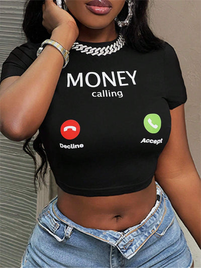 Money Print Minimalist Round Neck Tee for Women