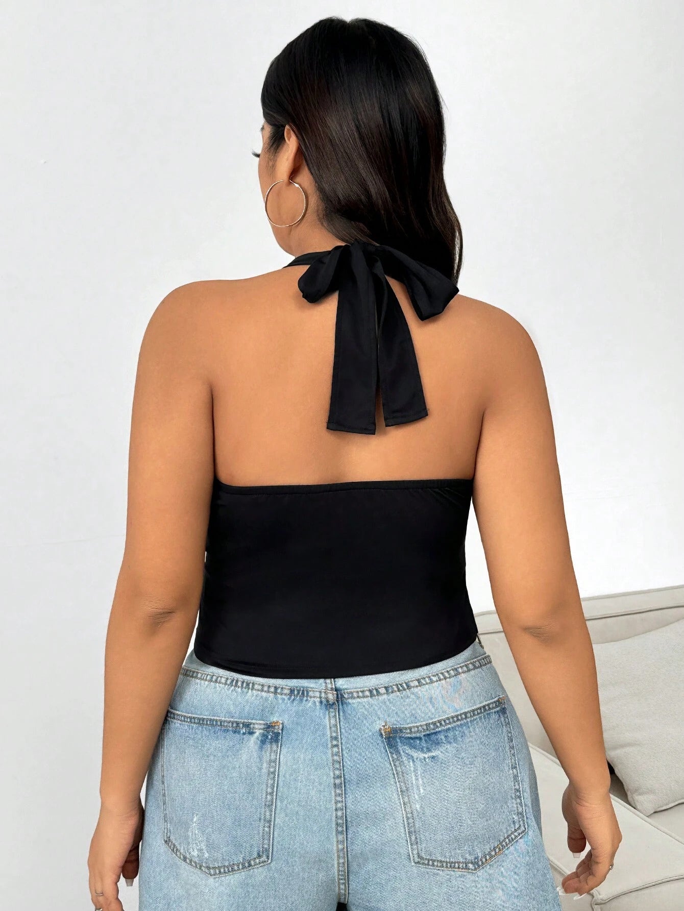 Plus Size Black Lace-Up Neck Halter Tank Top