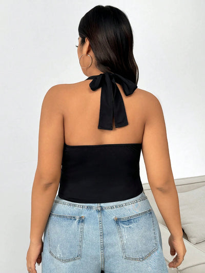 Plus Size Black Lace-Up Neck Halter Tank Top