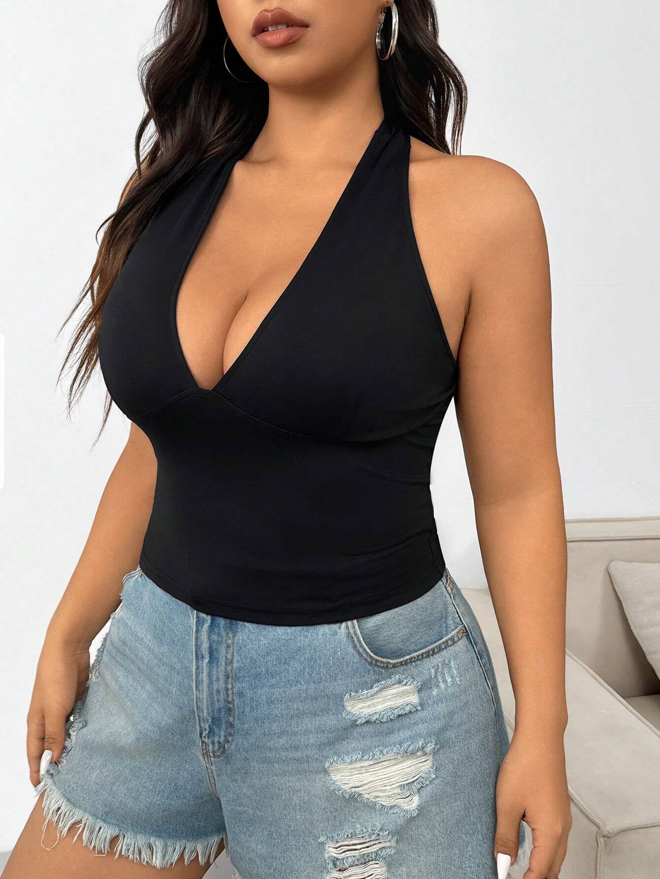 Plus Size Black Lace-Up Neck Halter Tank Top