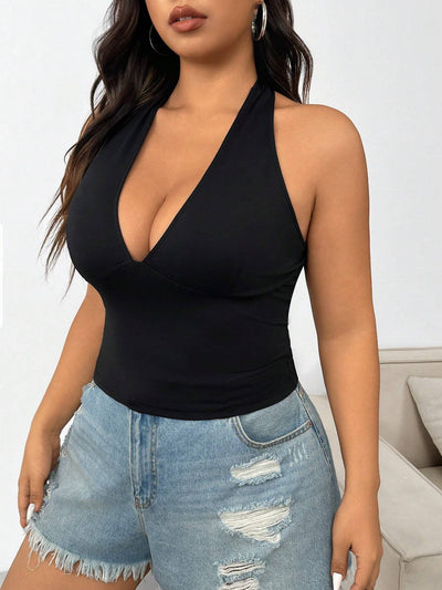 Plus Size Black Lace-Up Neck Halter Tank Top